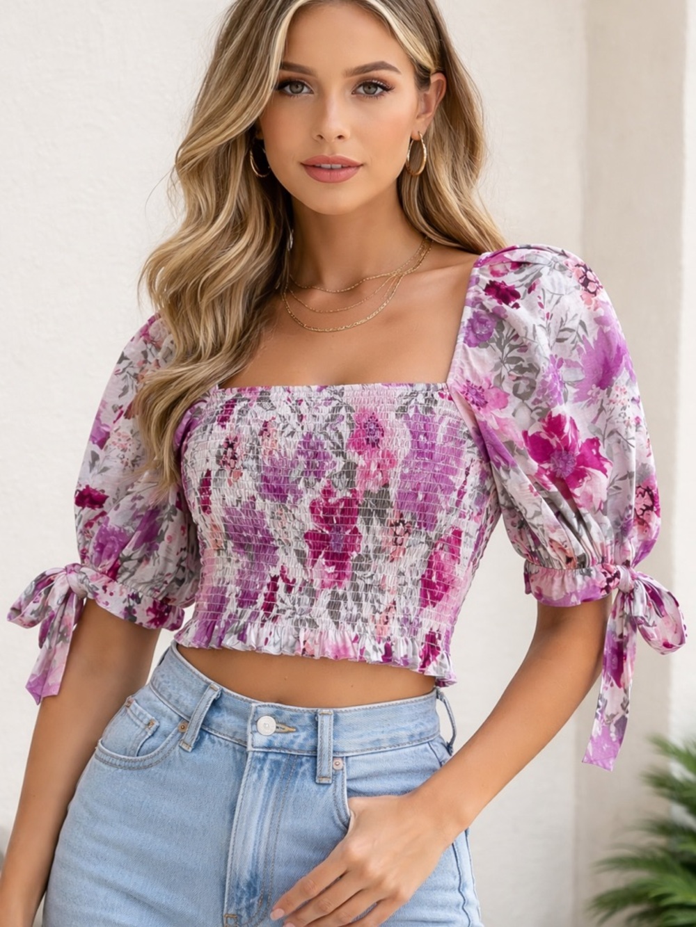 Express Pink Floral Smocked Puff-Sleeve Crop Top